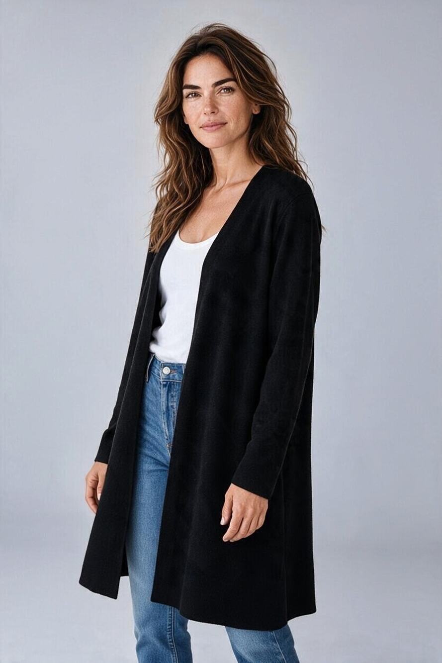 A4 Auth EILEEN FISHER Black Merino Wool Knit Long Open Front Cardigan Sweater L